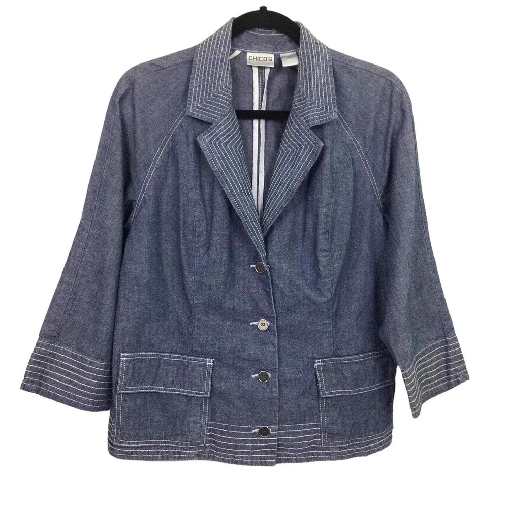 Chico's Cambriay Alfie Jacket Women 0 Blue Lightweight White Stitch Notch Collar